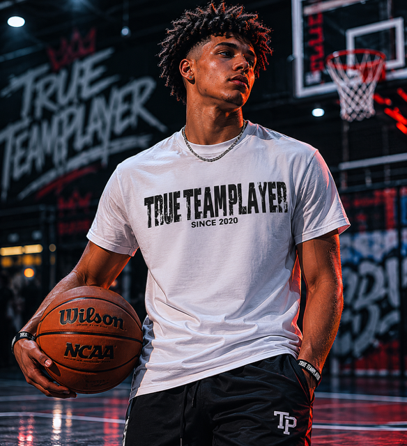 Model holding a basketball wearing the white True Team Players Write Your Future tee