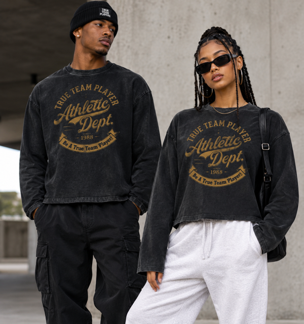Two models wearing the True Team Players sunfade boxy long sleeve t-shirt