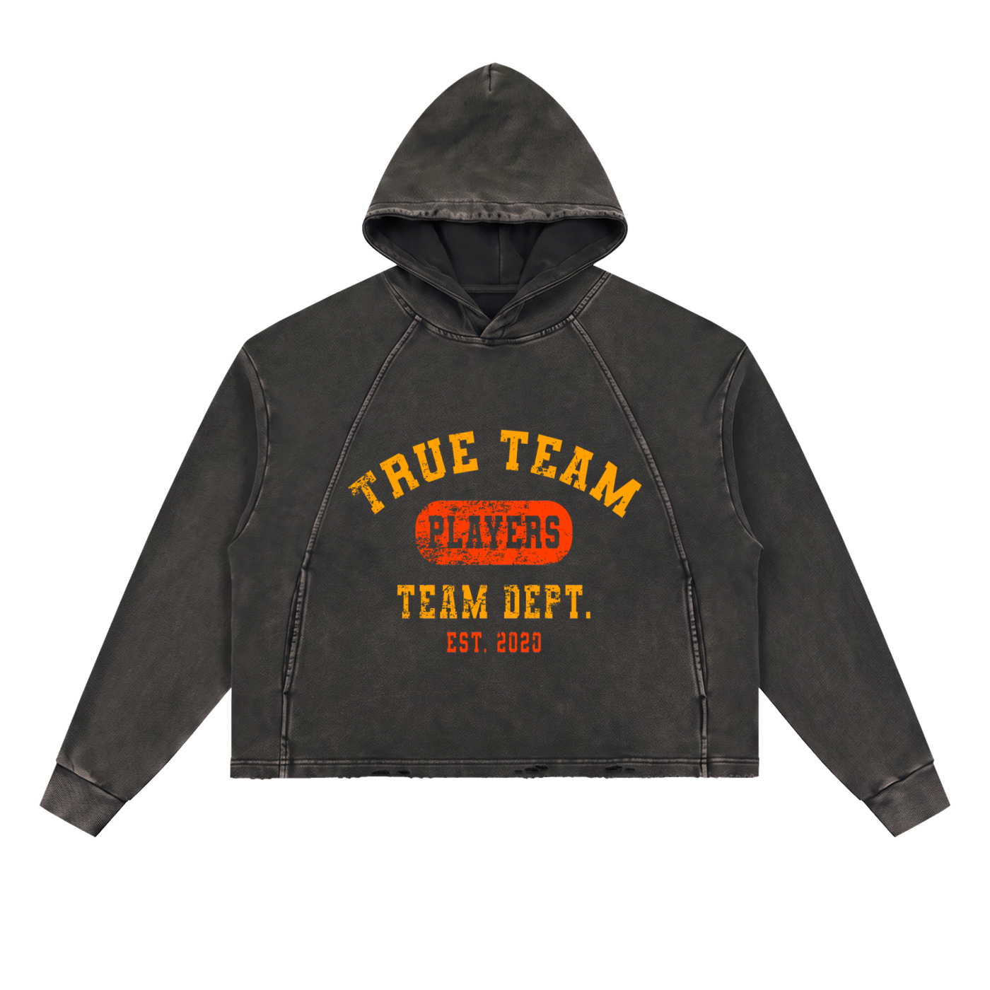 Team Dept. vintage washed frayed-hem hoodie in Black, front view with orange True Team Team Dept. graphic