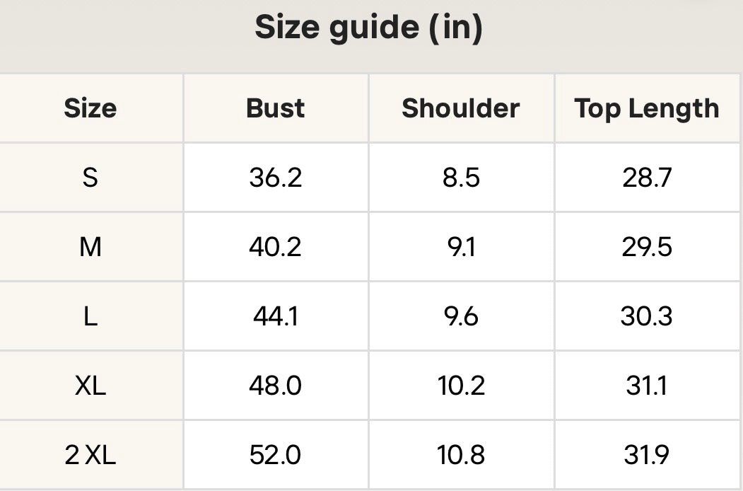 Write Your Future tee size guide in inches: bust, shoulder and top length for sizes S to 2XL